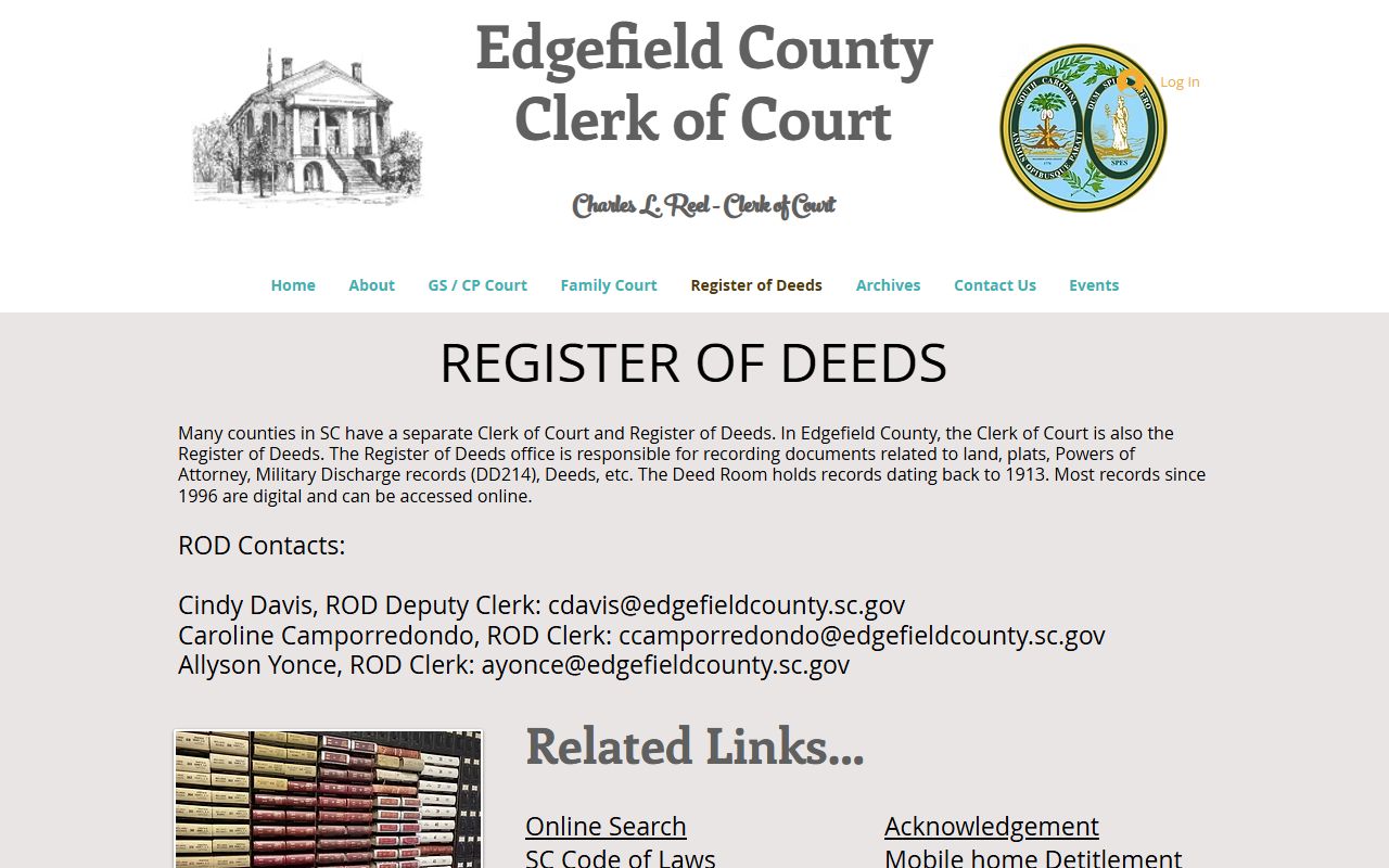 Edgefield County court dockets Clerk Register of Deeds records