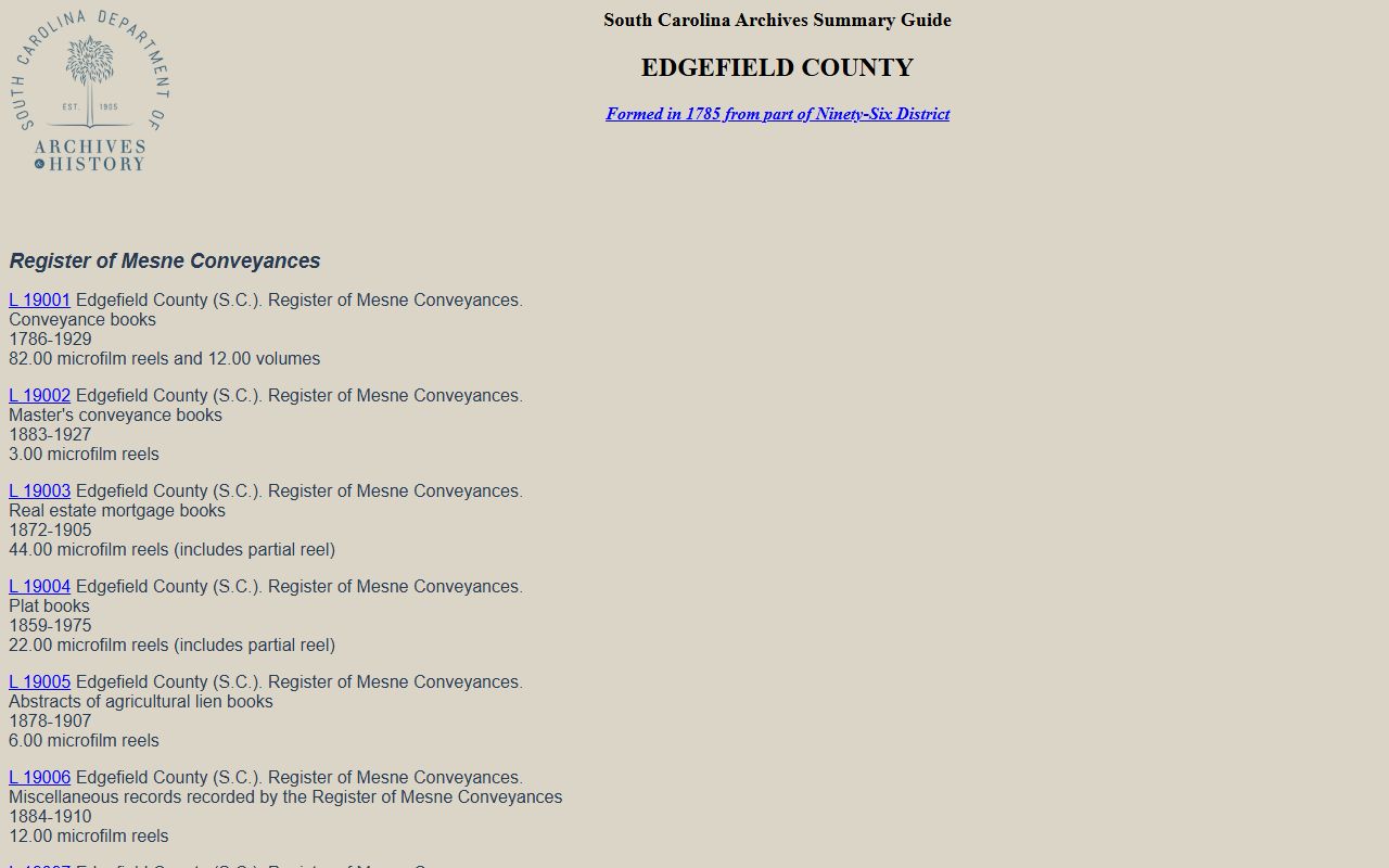 Edgefield County probate records South Carolina Archives county guide